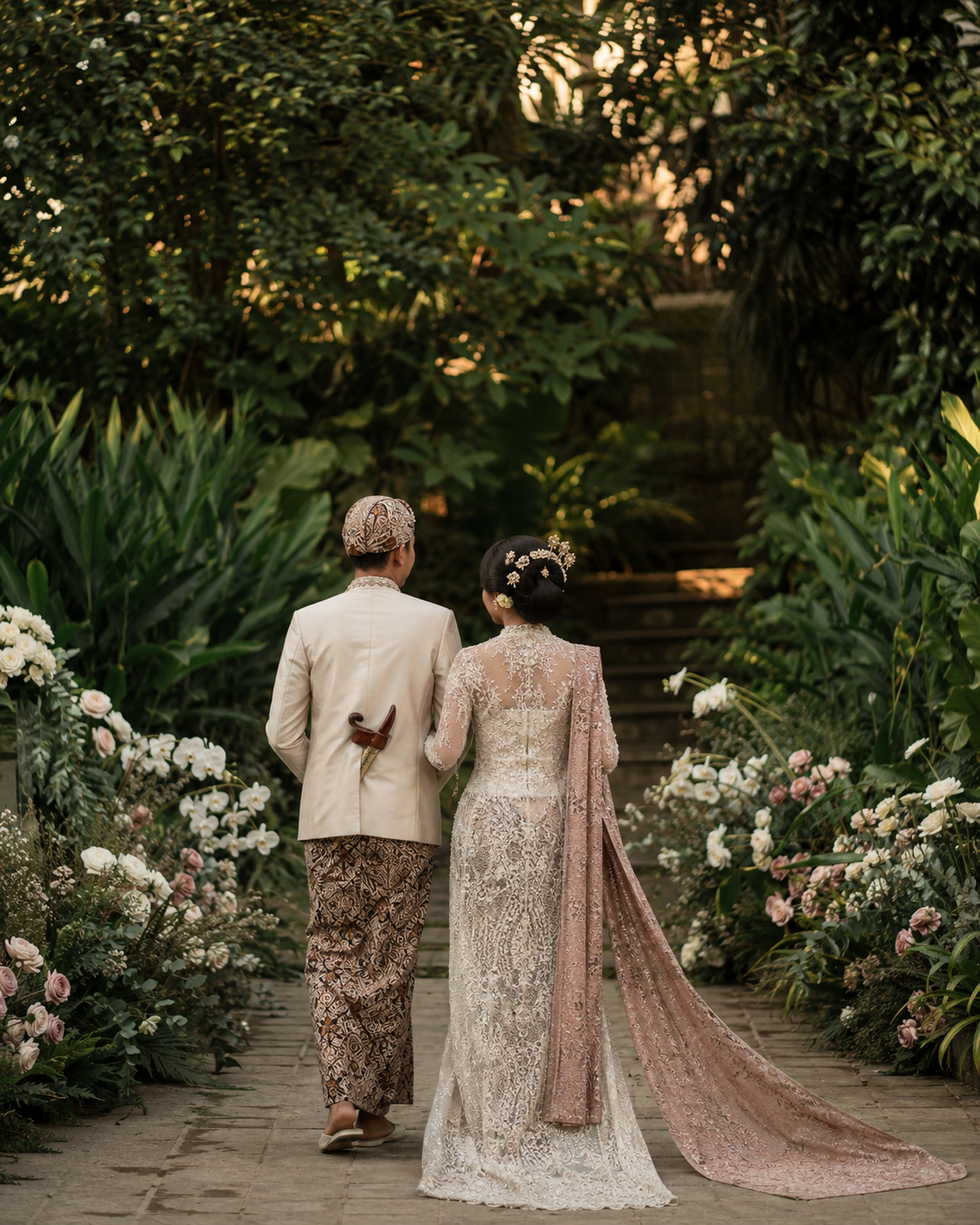 Pasangan pengantin berjalan bersama di taman